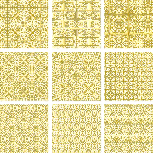 Vector illustration of Vector collection of seamless oriental gold ornaments on white background. Samples in swatches palette