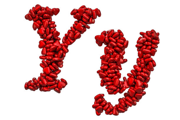 istock Cursive letter Y from red hearts, capital and small letters. 3D rendering isolated on white background 1093675230