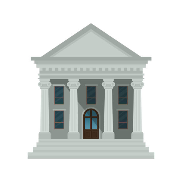 значок здания банка изолирован на белом фоне. вид на здание суда, банк, университет или государственное учреждение. векторная иллюстрация. � - банк stock illustrations