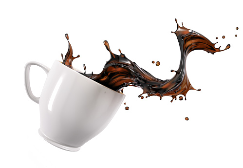 Liquid coffee wave splashing out from a white cup mug, isolated on white background.