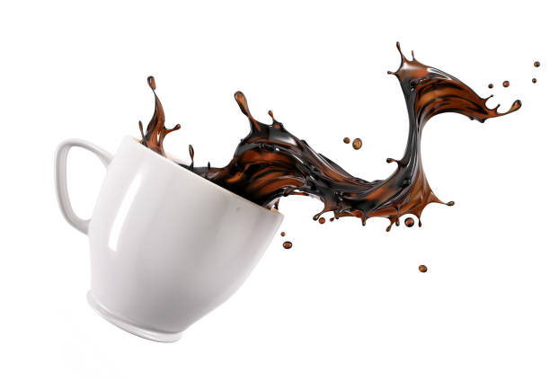 Liquid coffee wave splashing out from a white cup mug. stock photo