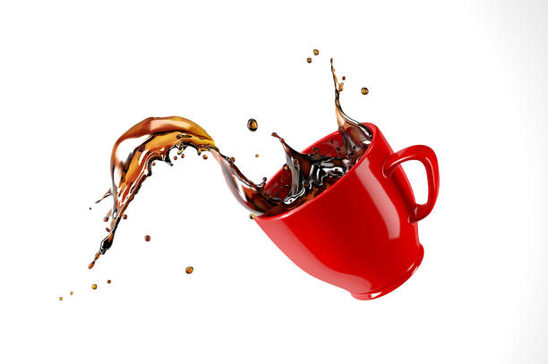 赤カップ マグカップ コーヒー スプラッシュ ジャンプします。白い背景上に分離。 - hot drink tea black tea red ストックフォトと画像