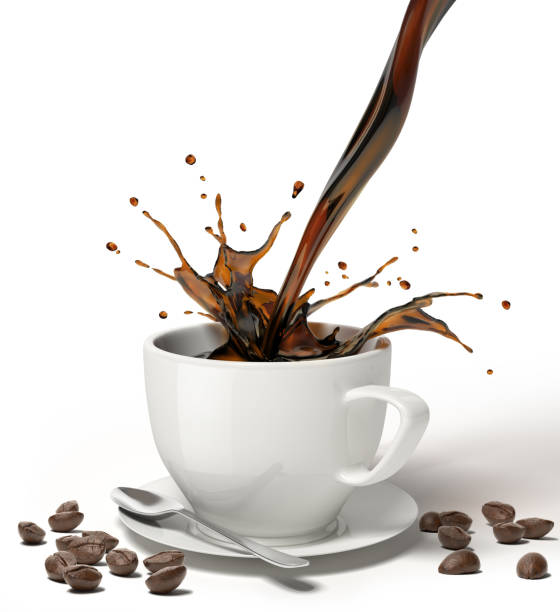 istock Liquid coffee pour and splash in a white cup on saucer and spoon. 1093683862