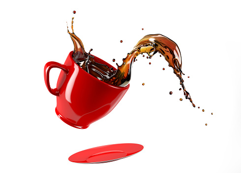 Red cup mug and saucer jumping with coffee splash. Isolated on white background. Clipping path included.