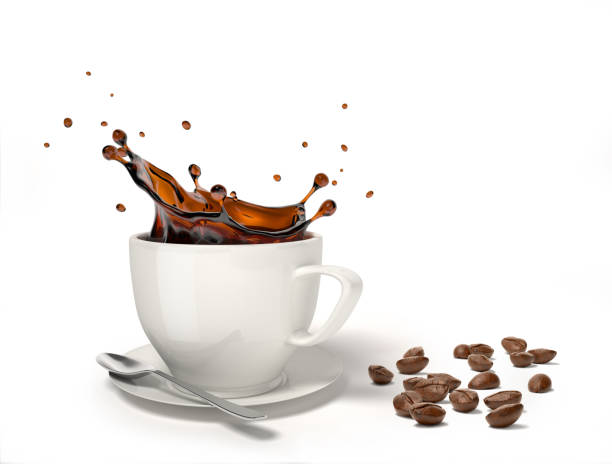 istock Liquid coffee splash in a white cup on saucer and spoon, With some coffee beans. 1093683950