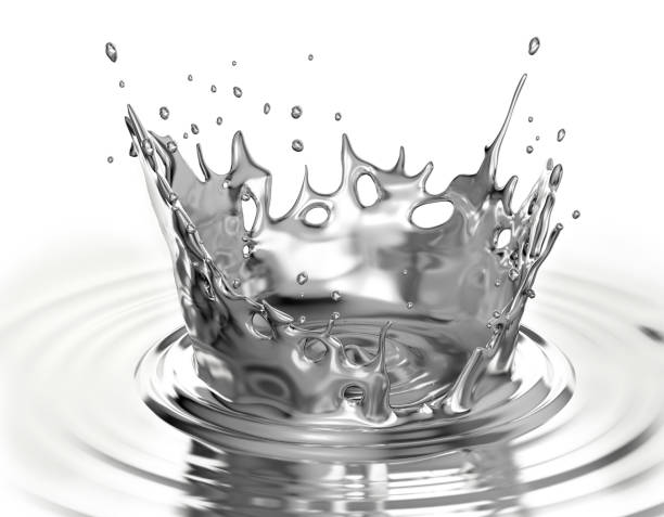 Liquid metal crown splash in liquid metal pool with ripples. Isolated on white background.