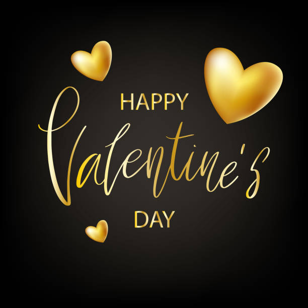 ilustraciones, imágenes clip art, dibujos animados e iconos de stock de ¡feliz día de san valentín. letras de cepillo moderno. mano escrita caligrafía con corazones dorados sobre fondo negro. tipografía de vector como signo de amor, cartel, tarjeta, postal, invitación, banner, impresión. - valentines day heart shape gold red