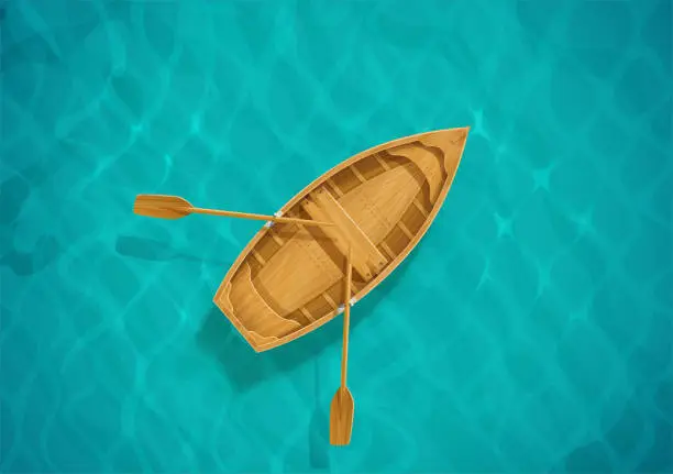 Vector illustration of Sea water and wooden boat. Ocean surface with wave. sailing ship.