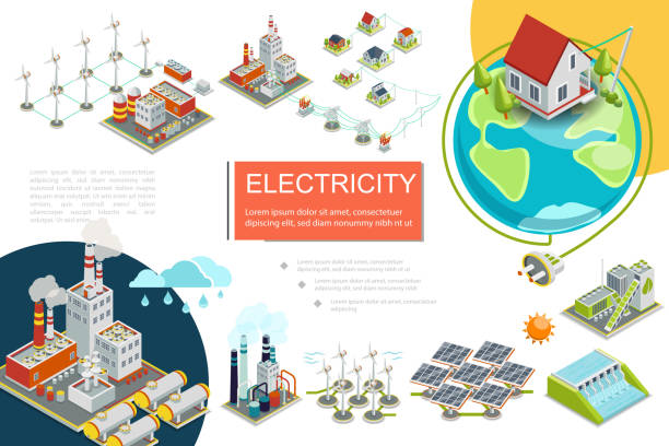 illustrazioni stock, clip art, cartoni animati e icone di tendenza di infografica isometrica sull'elettricità - house residential structure cable sun