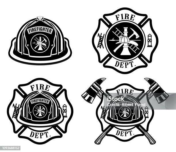 Brandweer Kruis En Helm Ontwerpen Stockvectorkunst en meer beelden van Brandweerman - Brandweerman, Brandweerkazerne, Maltezer kruis