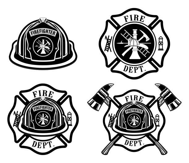 Fire Department Cross and Helmet Designs Fire Department Cross and Helmet Designs  is an illustration of four fireman or firefighter Maltese cross design which includes fireman's helmet with badges and firefighter's crossed axes. Great for t-shirts, flyers, and websites. firefighter shield stock illustrations