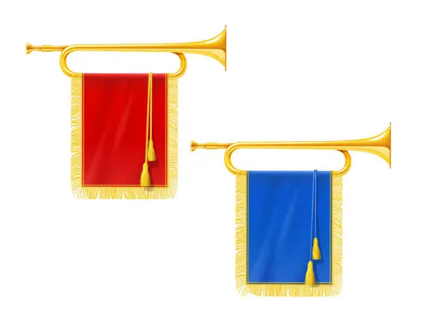 Vector illustration of Golden royal horn trumpet with blue and red banner. Musical instrument for king orchestra.