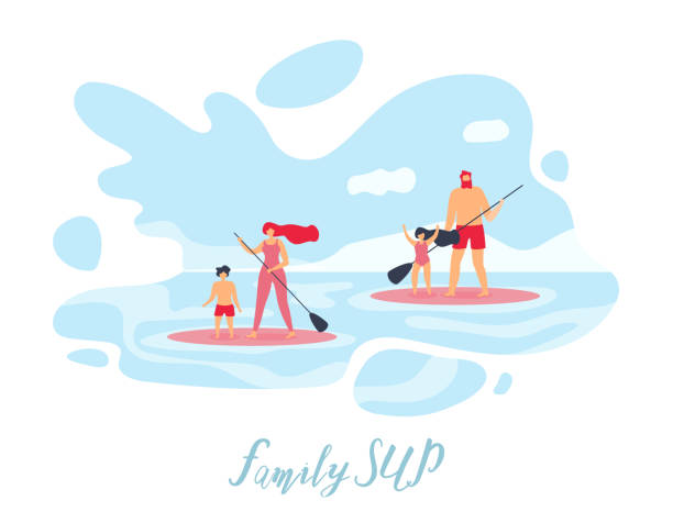 rodzina standup paddleboarding flat vector banner - paddling stock illustrations