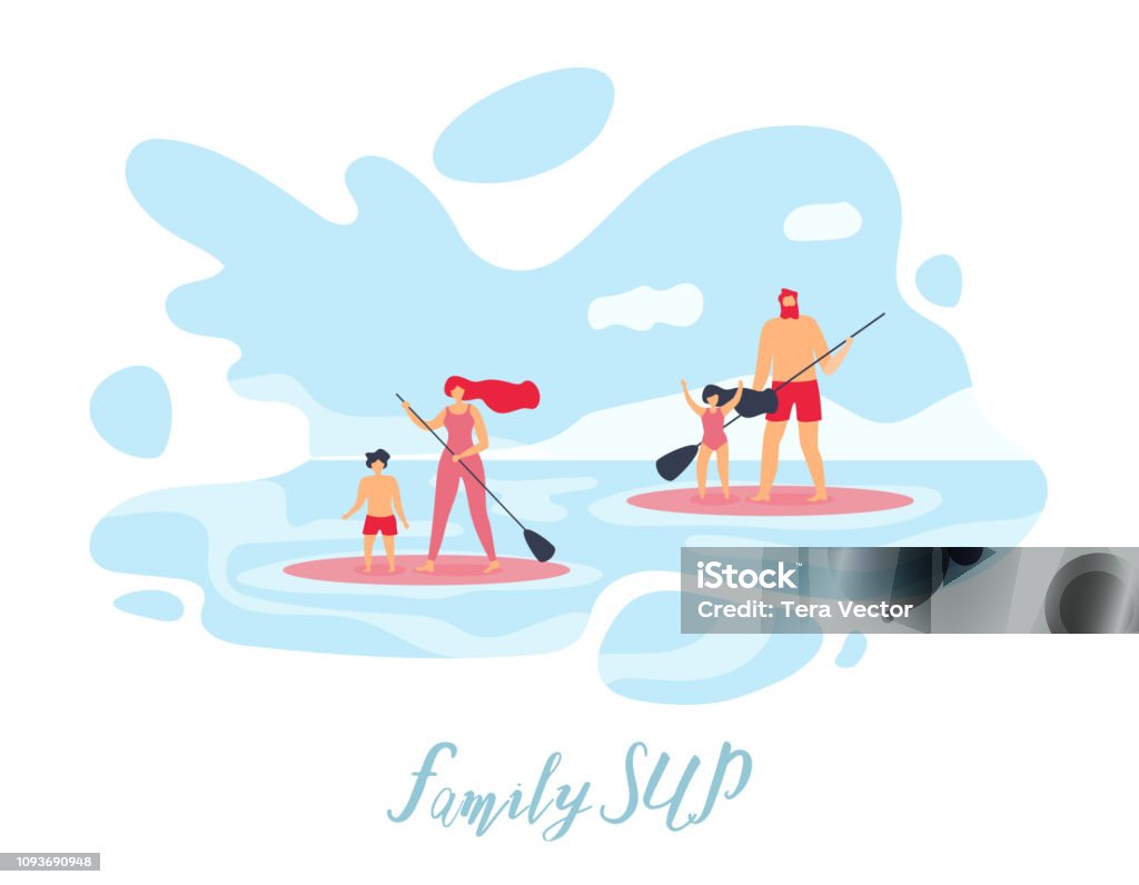 Family Standup Paddleboarding Flat Vector Banner Family Sup Flat Vector Banner or Poster with Parents with Children Surfing in Ocean While Standing on Boards with Paddles in Hands Illustration. Outdoor Activity on Resort, Summer Vacations Leisure Paddleboarding stock vector