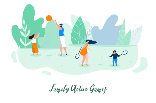 Family Active Outdoor Games Flat Vector Concept Family Active Games Flat Vector Banner or Poster with Parents Playing Ball and Badminton with Children on Green Meadow in Park Illustration. Outdoor Activity, Healthy Lifestyle, Summer Leisure Concept family outdoors stock illustrations
