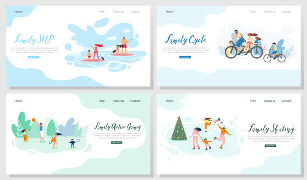 Family Outdoor Activities Vector Web Banners Set Family Outdoor Activities Flat Vector Web Banners Set. Happy Parents with Children Riding Bicycle, Playing Active Sport Games in Park, Skating on Ice Rink, Paddleboarding on Summer Resort Illustration family outdoors stock illustrations