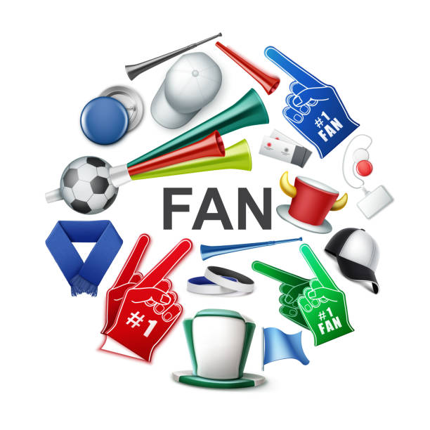 Realistic Fan Attributes Round Concept Realistic fan attributes round concept with soccer ball supporter horned and cylinder hats cap badges scarf foam gloves tickets flags vuvuzela trumpets vector illustration vuvuzela stock illustrations