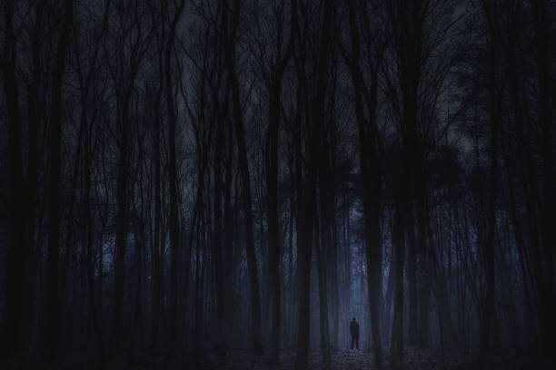istock Surreal horror scene with alone strange man in dark night forest 1093693388