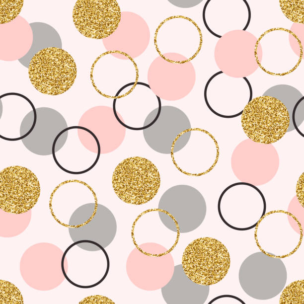 Glitter circle seamless pattern. Golden circles with sparkles and star dust. Wallpaper design with glittering gold, pink, grey circles. Modern abstract background. Vector illustration Glitter circle seamless pattern. Golden circles with sparkles and star dust. Wallpaper design with glittering gold, pink, grey circles. Modern abstract background. Vector illustration. drawing of pink and black polka dot wallpaper stock illustrations