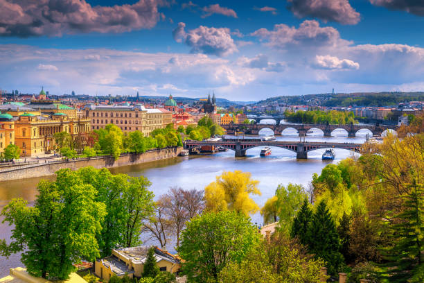 istock Fantastic cityscape panorama with bridges and river, Prague, Czech Republic 1093694178