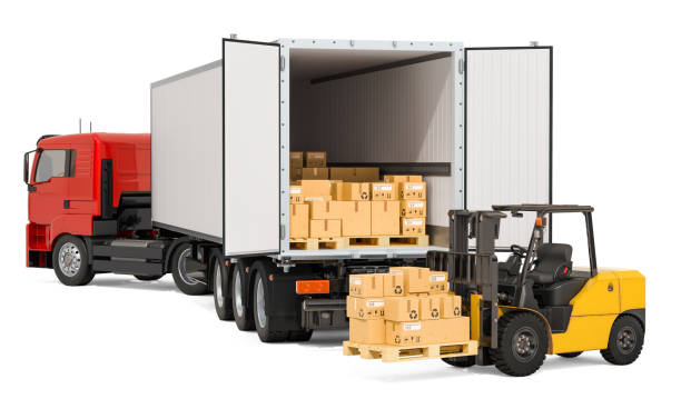 istock Lorry with parcels and forklift truck with cardboard boxes. Freight transportation, delivery concept, 3D rendering isolated on white background 1093694522