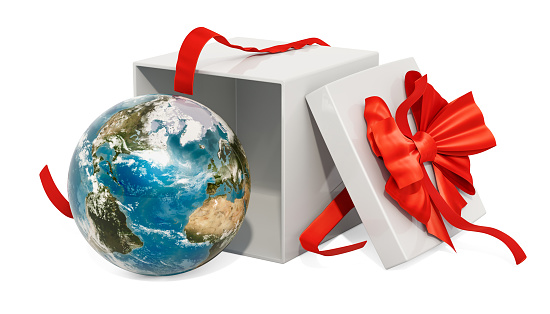Gift box with Earth Globe, 3D rendering isolated on white background. The source of the map - https://svs.gsfc.nasa.gov/3615