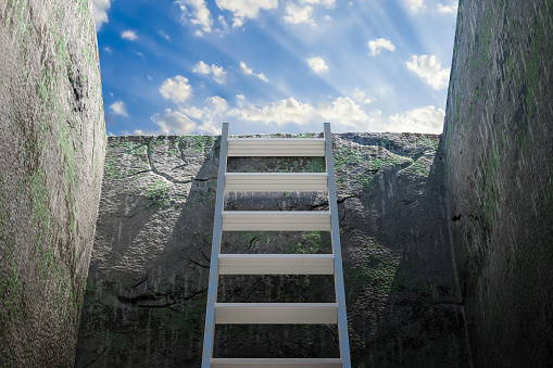 Ladder from pit, strategy and solution concept. 3D rendering
