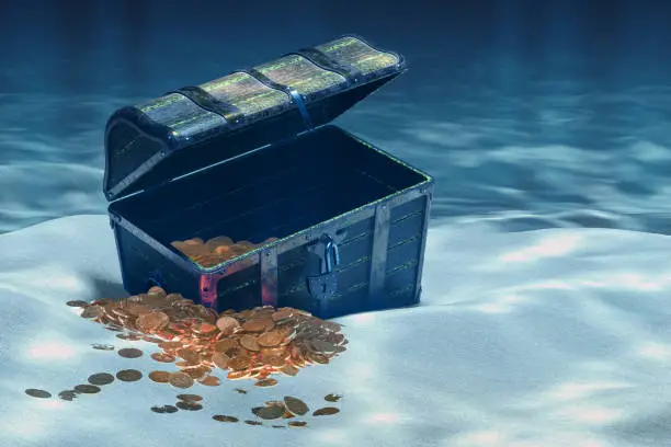 Open treasure chest with gold coins underwater, 3D rendering