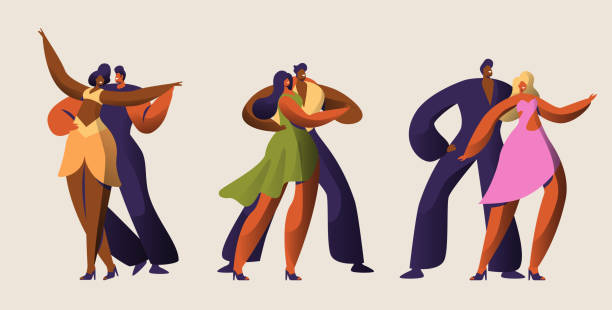 ilustrações de stock, clip art, desenhos animados e ícones de salsa party dancer couple character set. passion cuba mambo dance. latin man woman tango and rumba style master. passion vintage samba people group in vintage costume flat cartoon vector illustration - animated cartoon music teens arts and entertainment