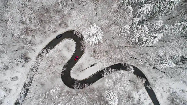 Photo of Aerial view of a curvy road in winter