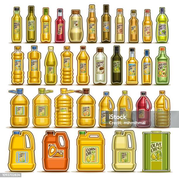 Vector Set Of Cooking Oil In Bottles - Arte vetorial de stock e mais imagens de Óleo de Cozinha - Óleo de Cozinha, Óleo de canola, Garrafa