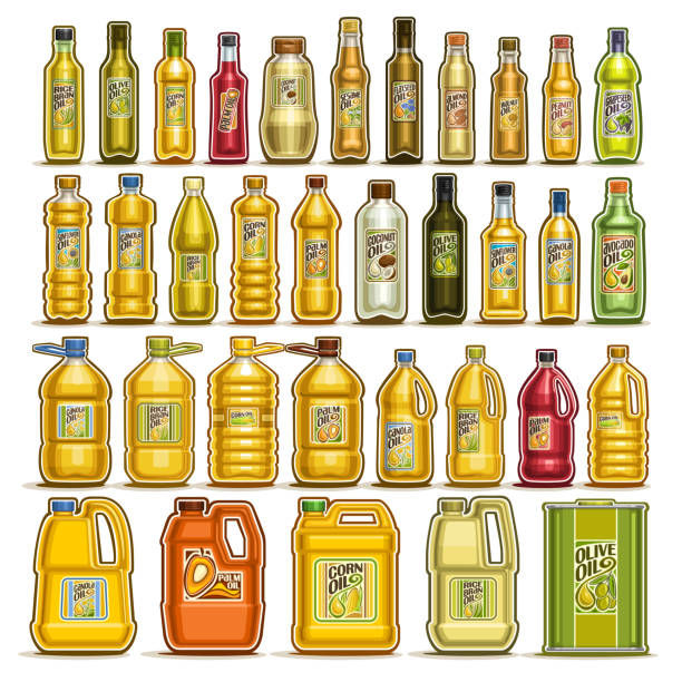 Vector set of Cooking Oil in Bottles Vector set of Cooking Oil in Bottles, 34 cut out illustration of containers with refined oily product with label, glass jar with yellow virgin cholesterol liquid, can and jerrycan with extra maize oil rice bran stock illustrations