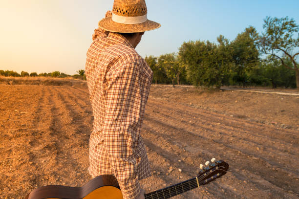 молодой человек с классической или испанской гитарой в соломенной шляпе и клетчатой рубашке, ото взглядом. андалузское поле в солнечный де� - seville andalusia spain pattern стоковые фото и изображения