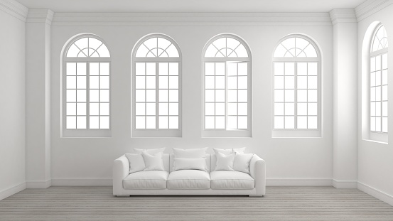 Room of interior with white wall, wooden floor, arched windows and a sofa with bright light outside. Concept of new planning home, start to moving in or mock up room for your product. 3d illustration.