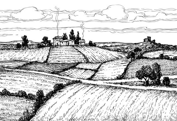 ręcznie rysowane atrament szkic krajobraz wiejski. - landscape uk scotland scenics stock illustrations