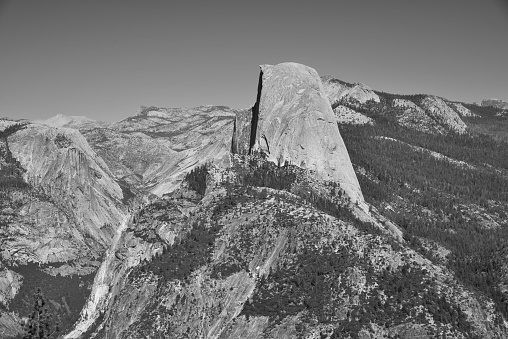 Half Dome as seen from Glacier Point looking like the Grim Reaper in B&W.