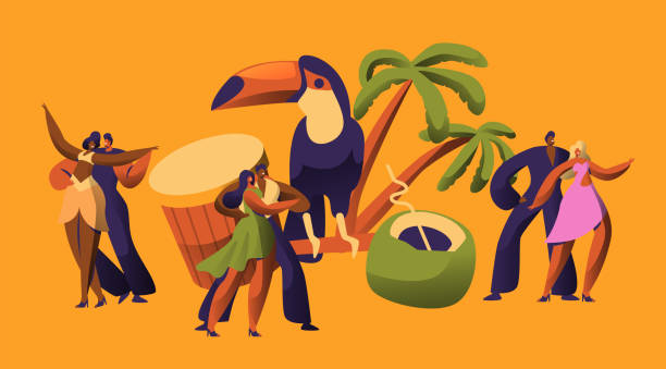 ilustraciones, imágenes clip art, dibujos animados e iconos de stock de samba brasileña carnaval bailarín latino personaje. bikini mujer baile tropical salsa cubana. latino hombre en traje retro divertirse en feliz playa cabaret desfile plana cartoon vector ilustración - samba