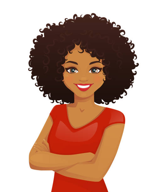 Woman portrait Portrait of smiling woman with arms crossed and afro hairstyle isolated vector illustration curly stock illustrations
