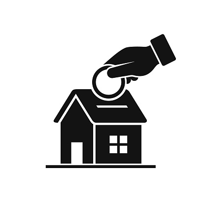 Hand putting coin inside the house icon. Vector investment concept in flat style, real estate investment.