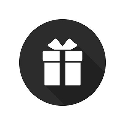 Gift box icon in circle. Present symbol. Round button with long shadow. Vector.