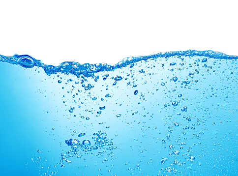 clean blue water with air bubbles and splashes on white background