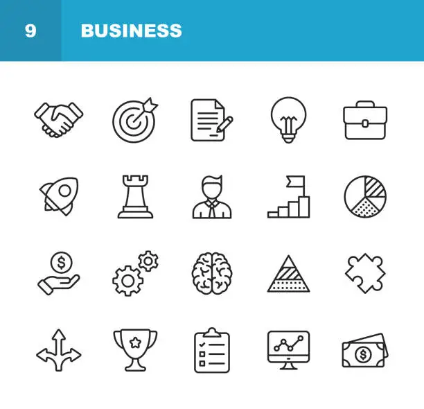 Vector illustration of Business Line Icons. Editable Stroke. Pixel Perfect. For Mobile and Web. Contains such icons as Handshake, Target Goal, Agreement, Inspiration, Startup.