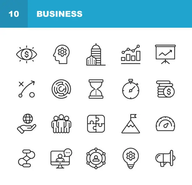 Vector illustration of Business Line Icons. Editable Stroke. Pixel Perfect. For Mobile and Web. Contains such icons as Business Vision, Headquarters, Business Strategy, Global Economy, Network.