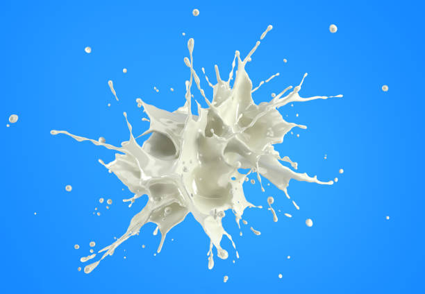 istock Abstract milk splash explosion in the air on blue background. 1093721118