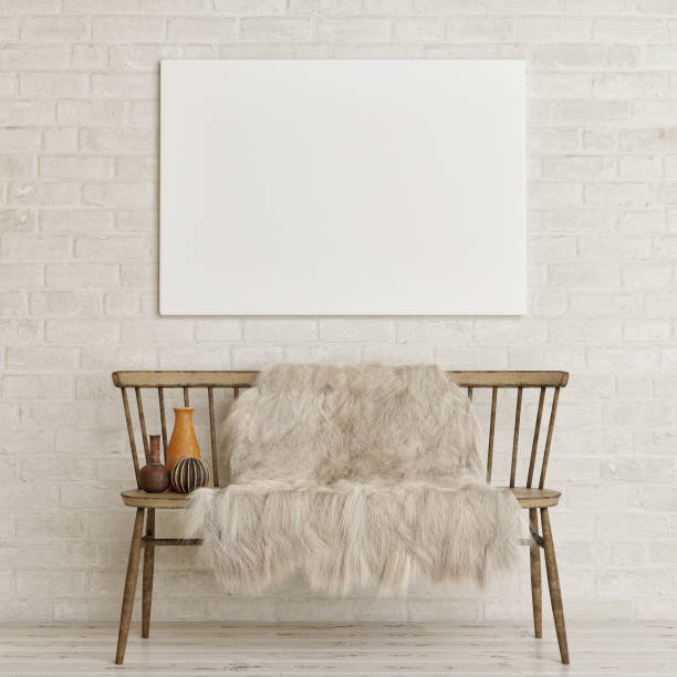 Mock up poster on white brick wall with old bench and decoration