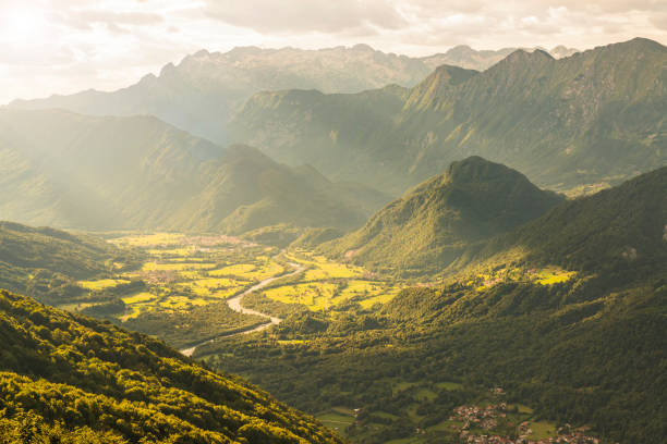 istock Golden sunset in the alpine valley 1093729502