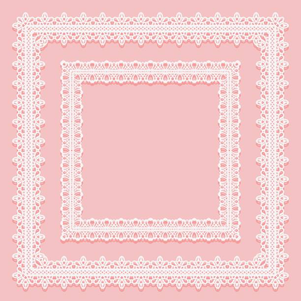 satz von quadratische spitze frames. weiß auf rosa hintergrund. - doily stock-grafiken, -clipart, -cartoons und -symbole