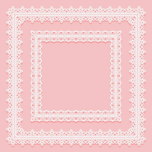 illustrazioni stock, clip art, cartoni animati e icone di tendenza di set di cornici quadrate in pizzo. bianco su sfondo rosa. - sottopiatto