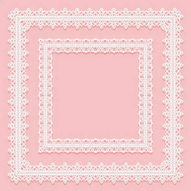 Vector illustration of Set of square lace frames. White on pink background.