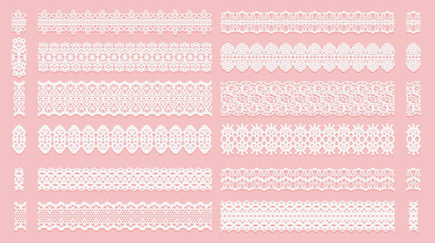 zestaw koronkowych pędzli wzorzyste. wstążki tracery izolowane na różowym tle. elementy do wystroju scrapbooking zaproszenia ślubne i karty. - koronka stock illustrations